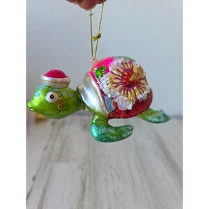 Sea turtle glass Hawaiian flower ornament green glitter Xmas tree
